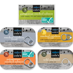 COLE'S Seafood Sampler Variety Pack - With Skinless, Boneless Smoked Salmon and Wild Caught Mackerel, and Smoked Fresh Water Rainbow Trout, Canned Fish, High in Protein, 5 Pack
